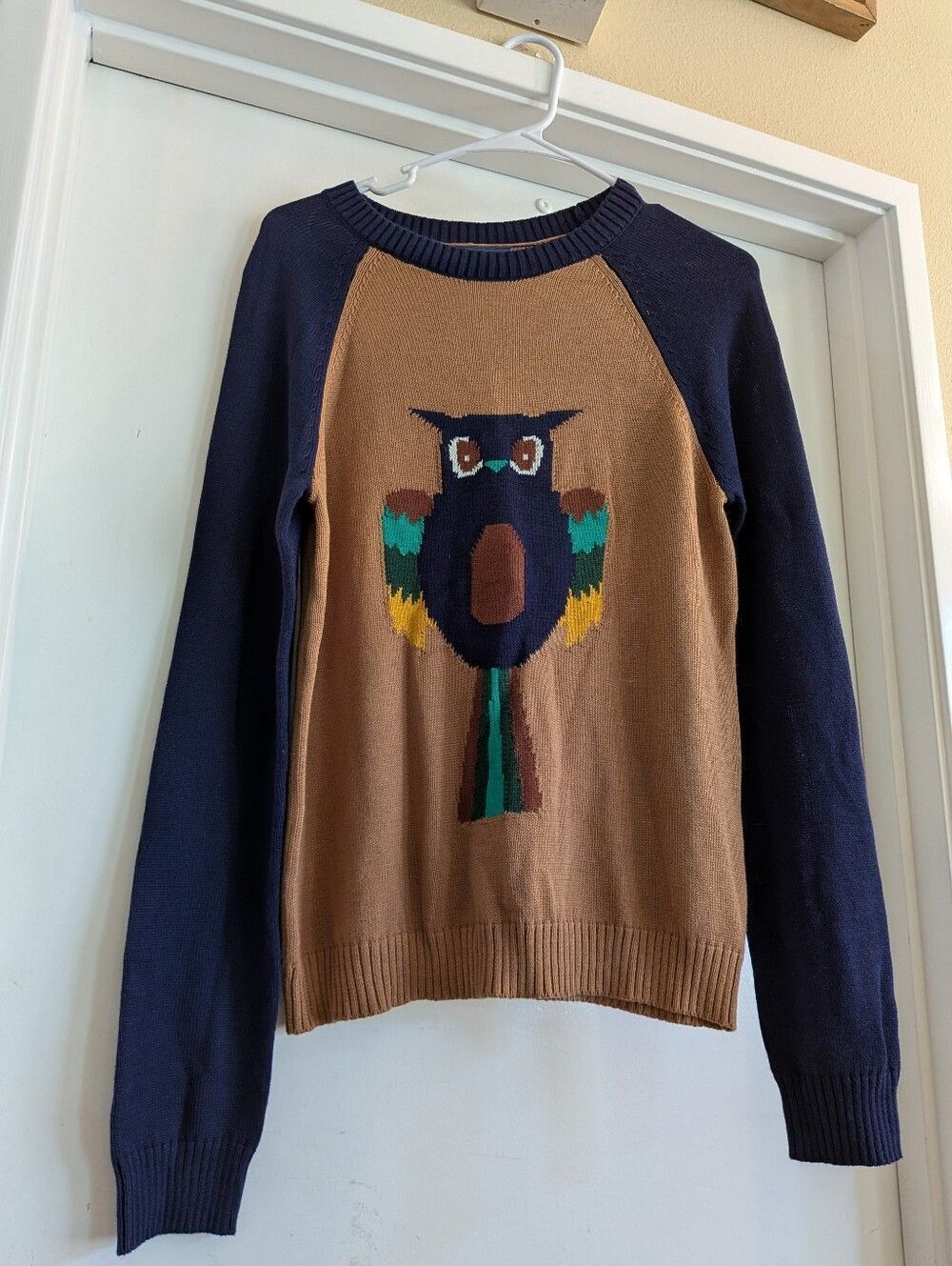 Modcloth Brown & Navy Owl Intarsia Crewneck Sweater Sample Size Small Oversized - Picture 2 of 5